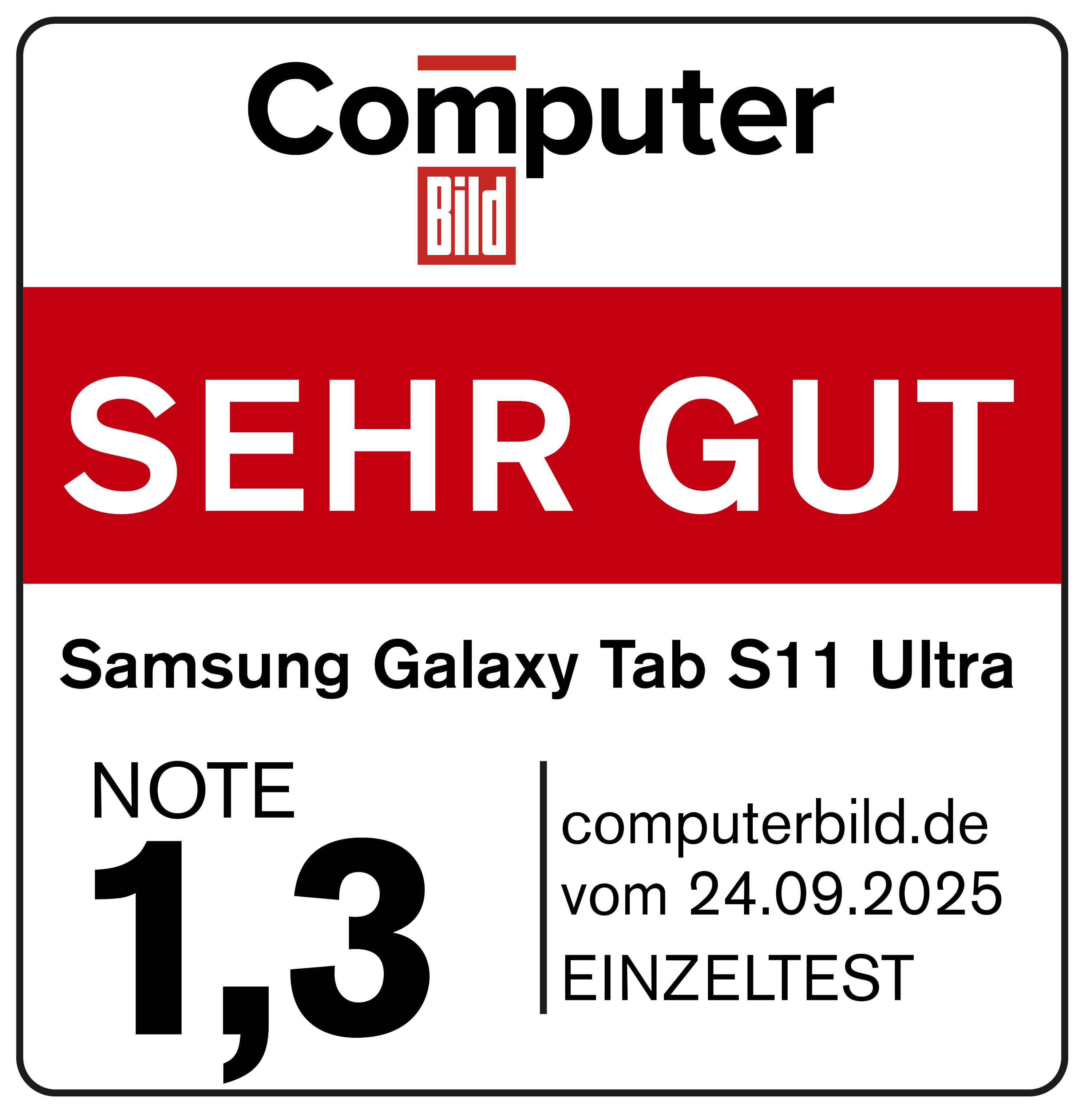 Computer Bild Siegel: Samsung Galaxy Tab S11 Ultra, Note 1,3 SEHR GUT.