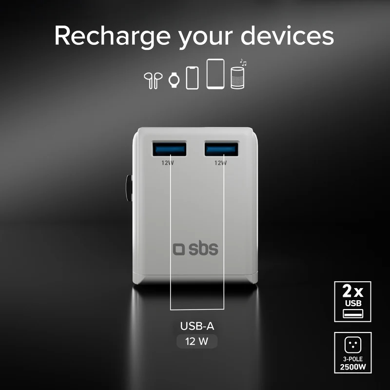 Weißes SBS Ladegerät mit zwei USB-A-Anschlüssen, 12W