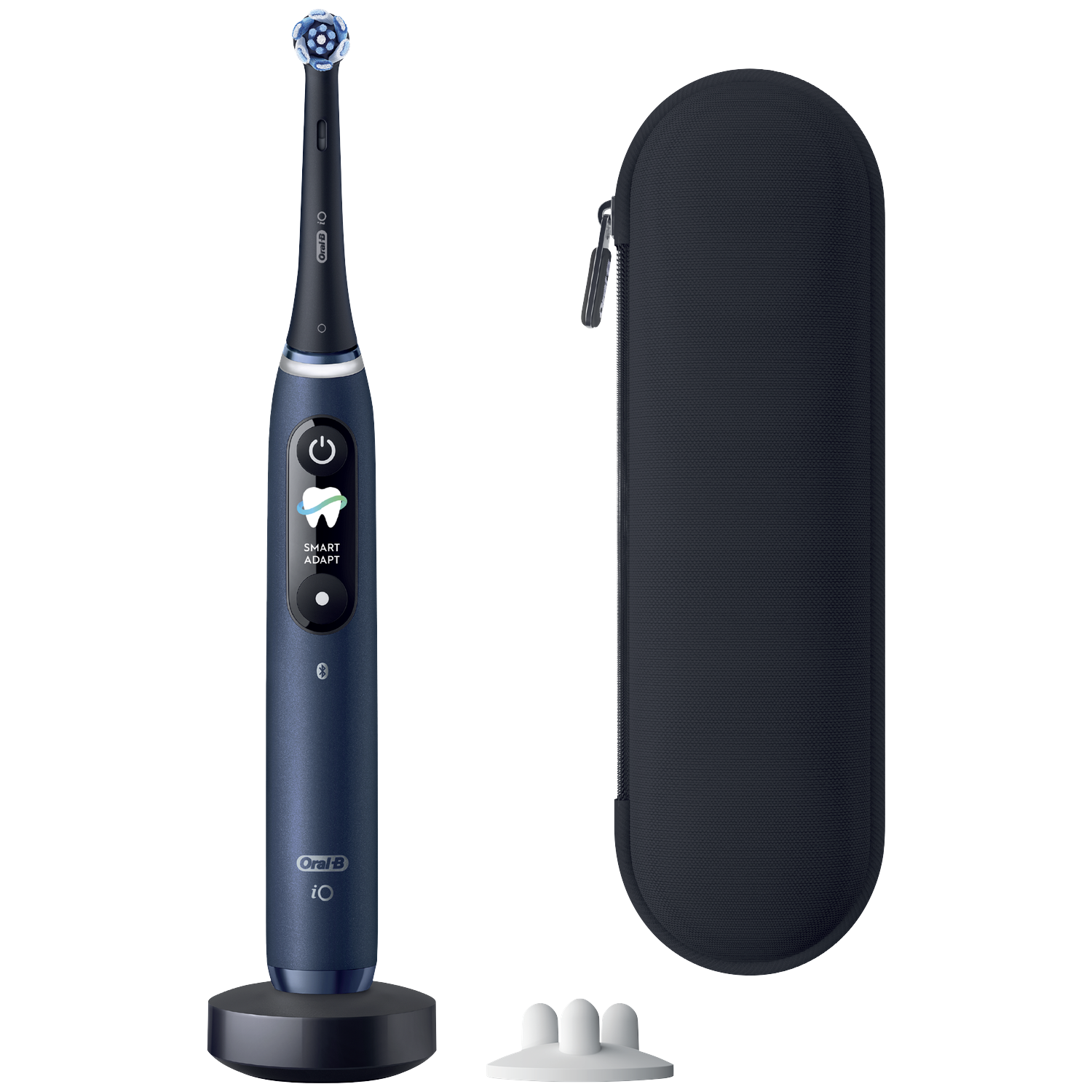 Dark blue toothbrush with charging and travel case on a white background.