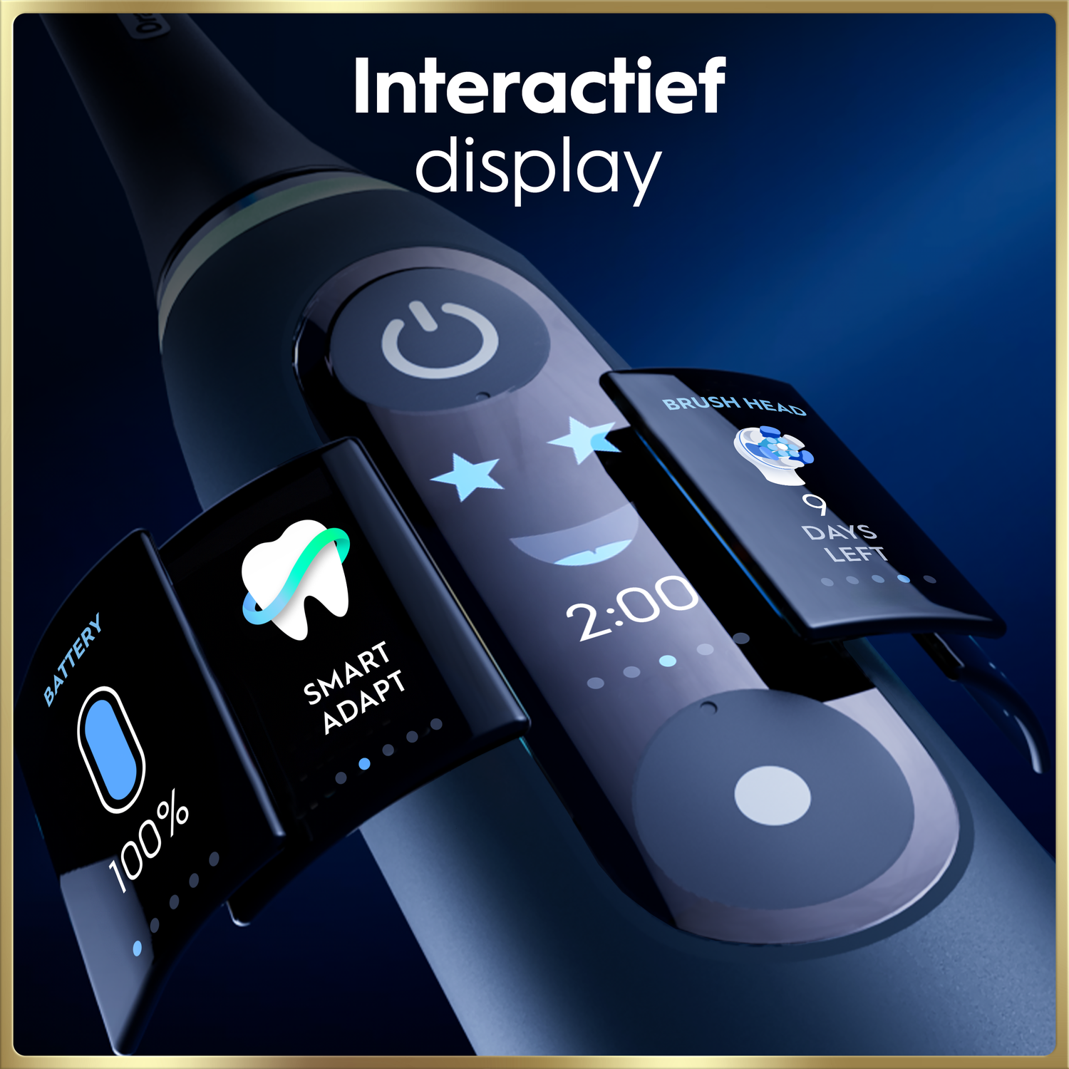 Electric toothbrush with interactive display: Battery 100%, Smart Adapt, 2:00 timer, brush head 9 days left.