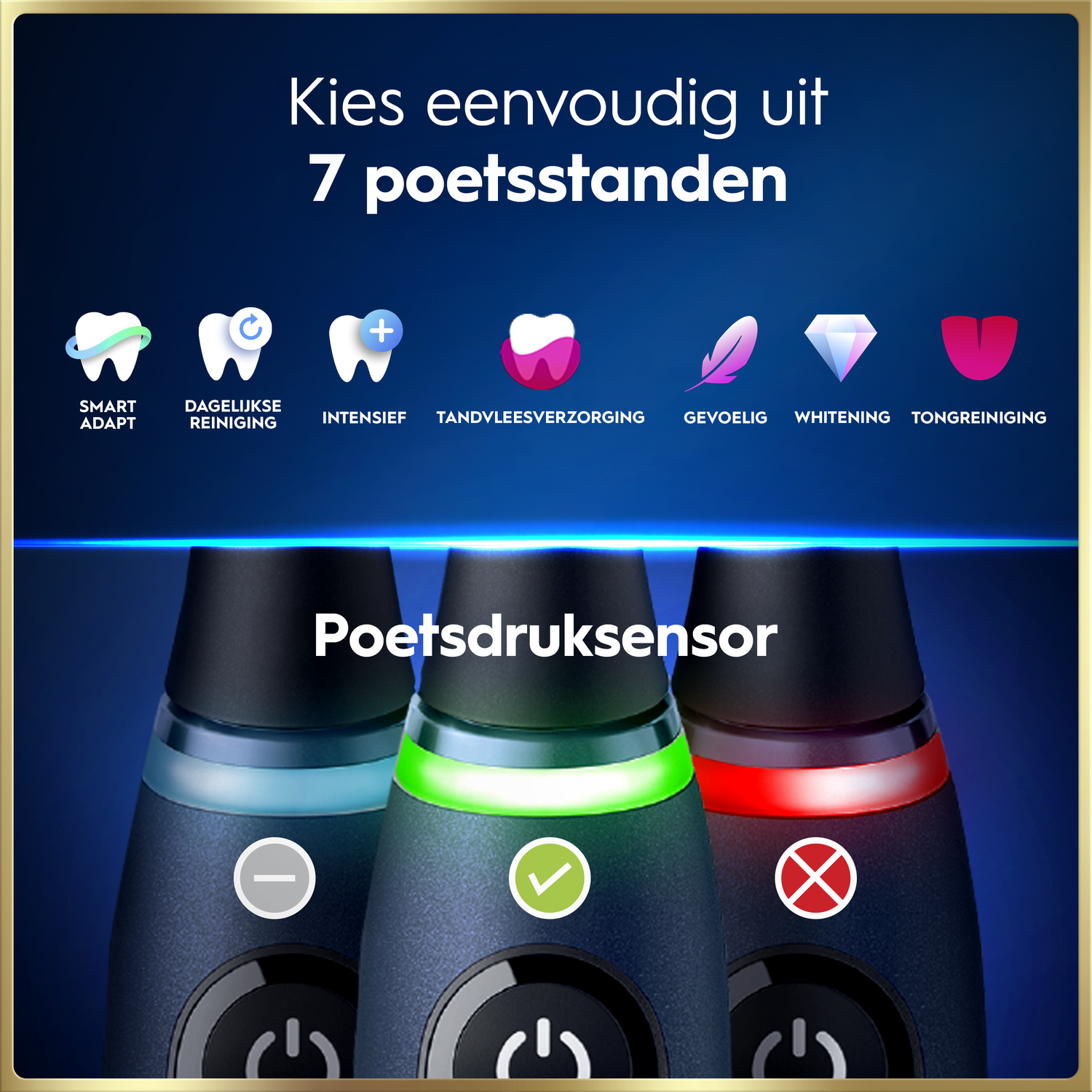 Electric toothbrush with 7 modes and pressure sensor. Blue, green, and red lights.