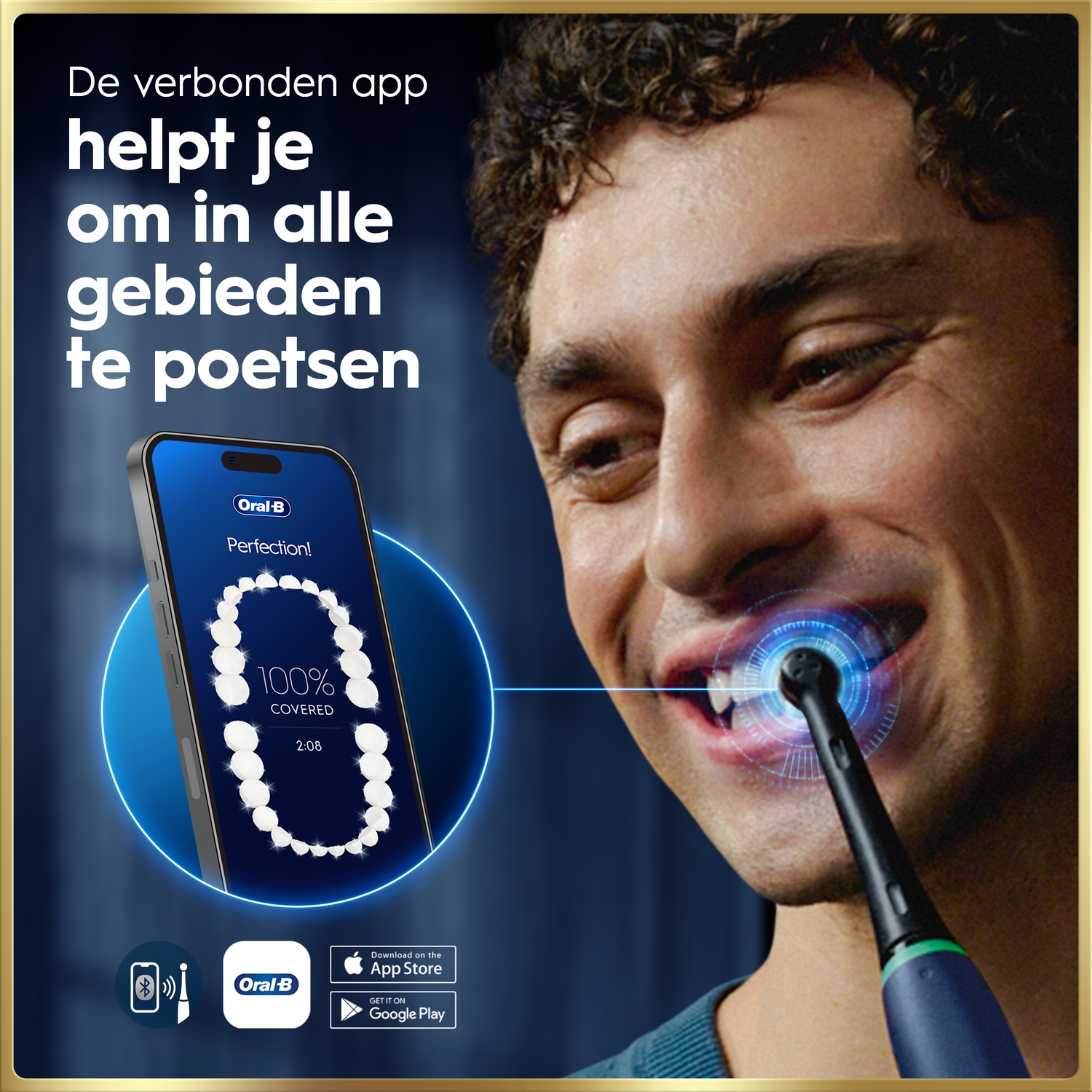 A man brushes his teeth with an electric toothbrush connected to an app.