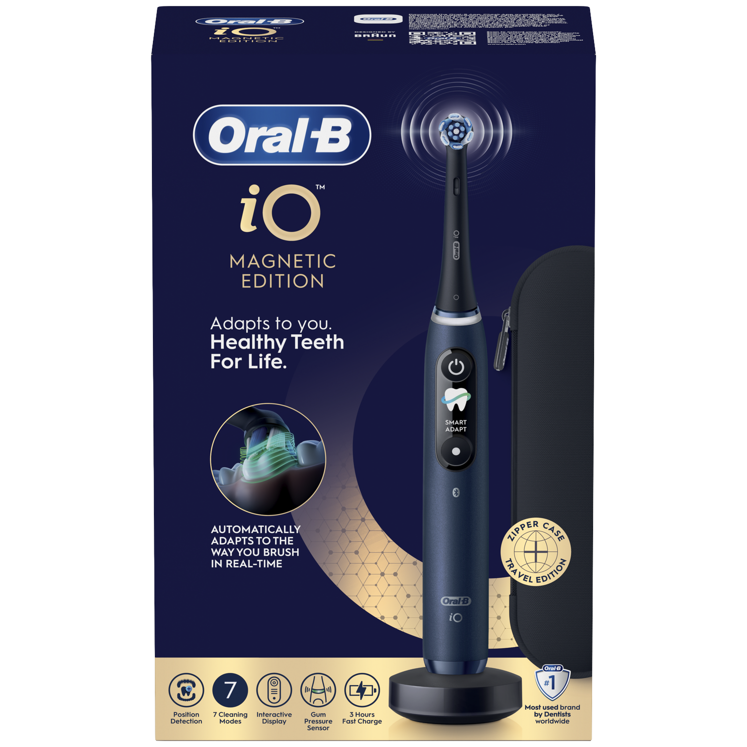 Dark blue Oral-B iO electric toothbrush with charging base and travel case.