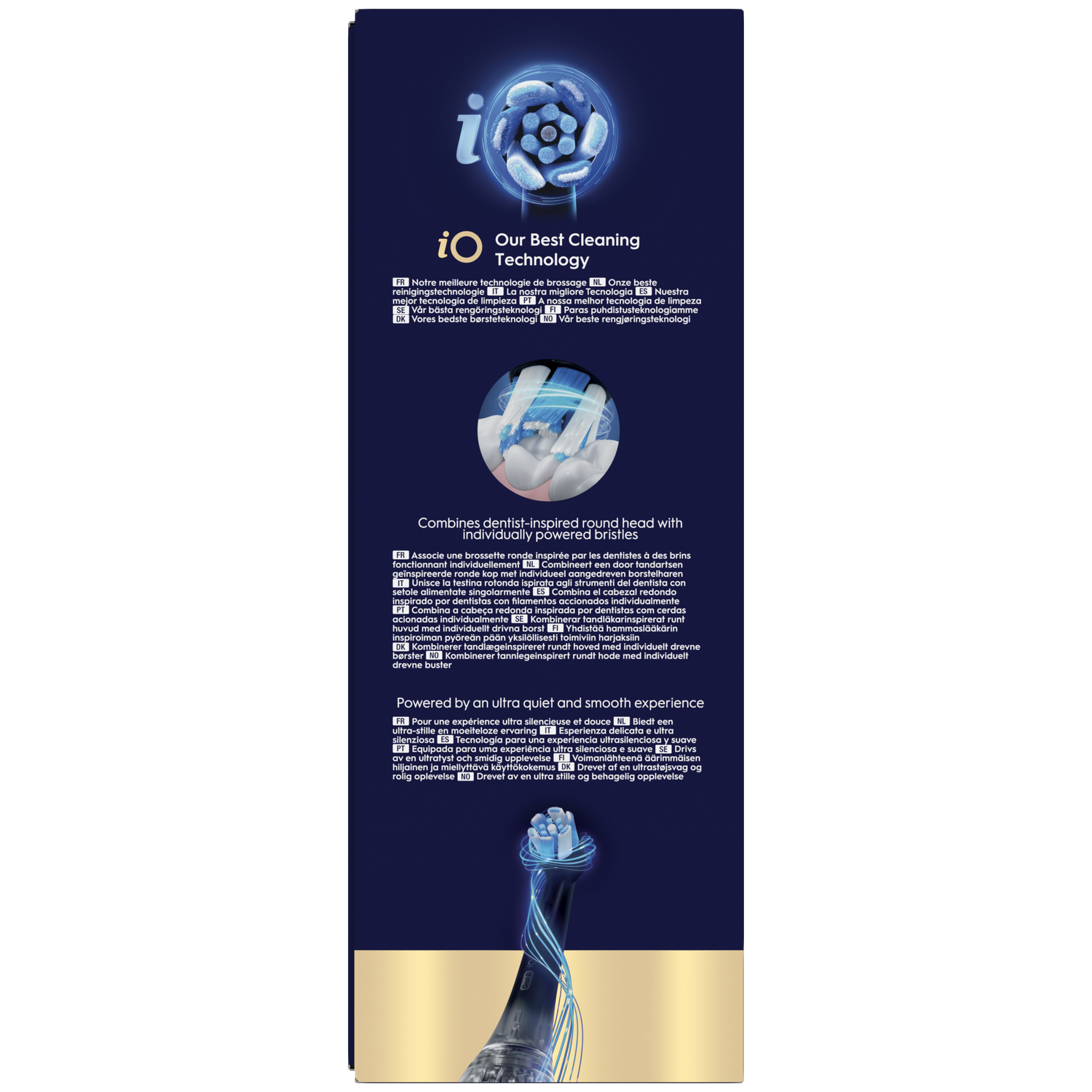 Toothbrush head with round bristles, powered by iO technology.