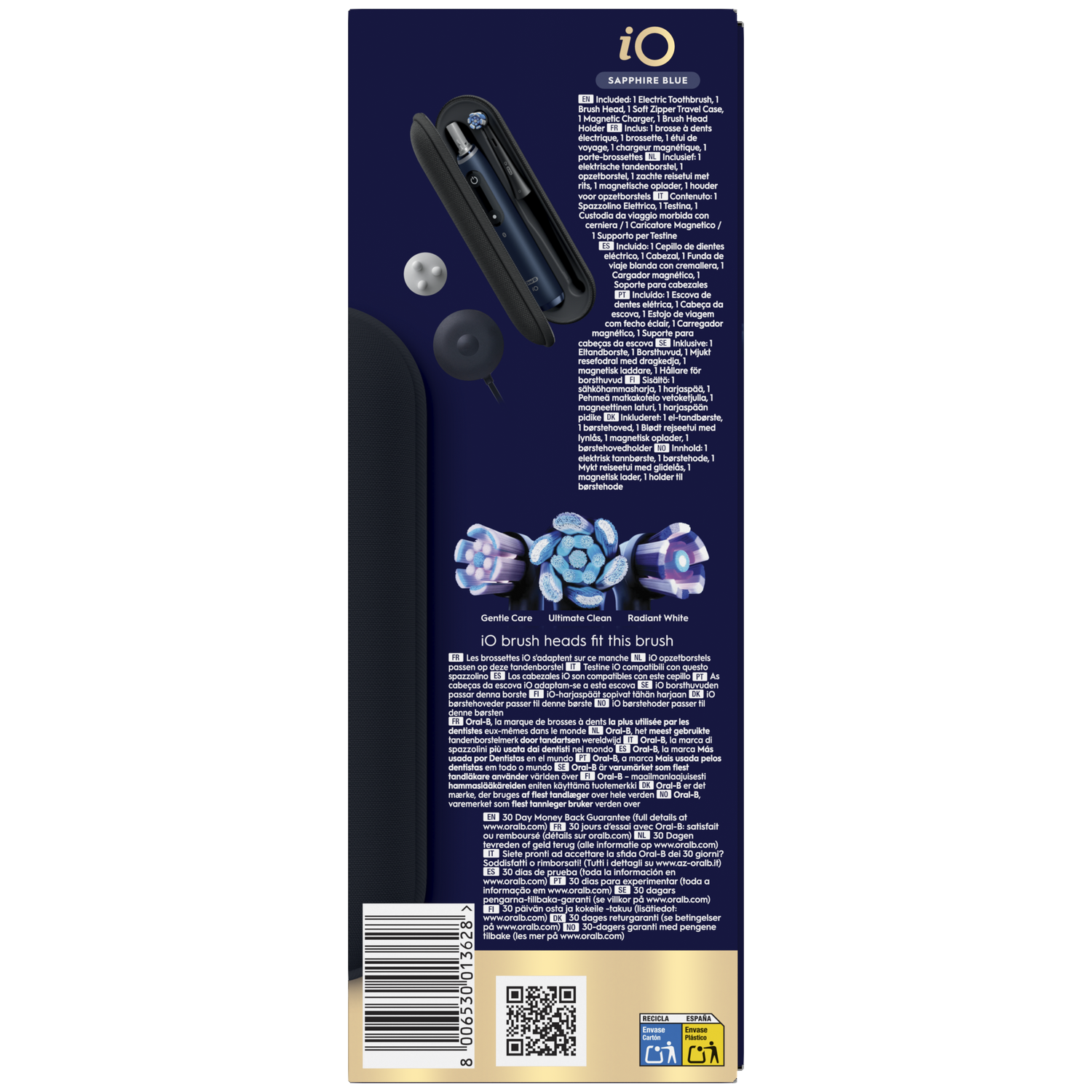 Dark blue electric toothbrush set with travel case, charger, and brush heads.