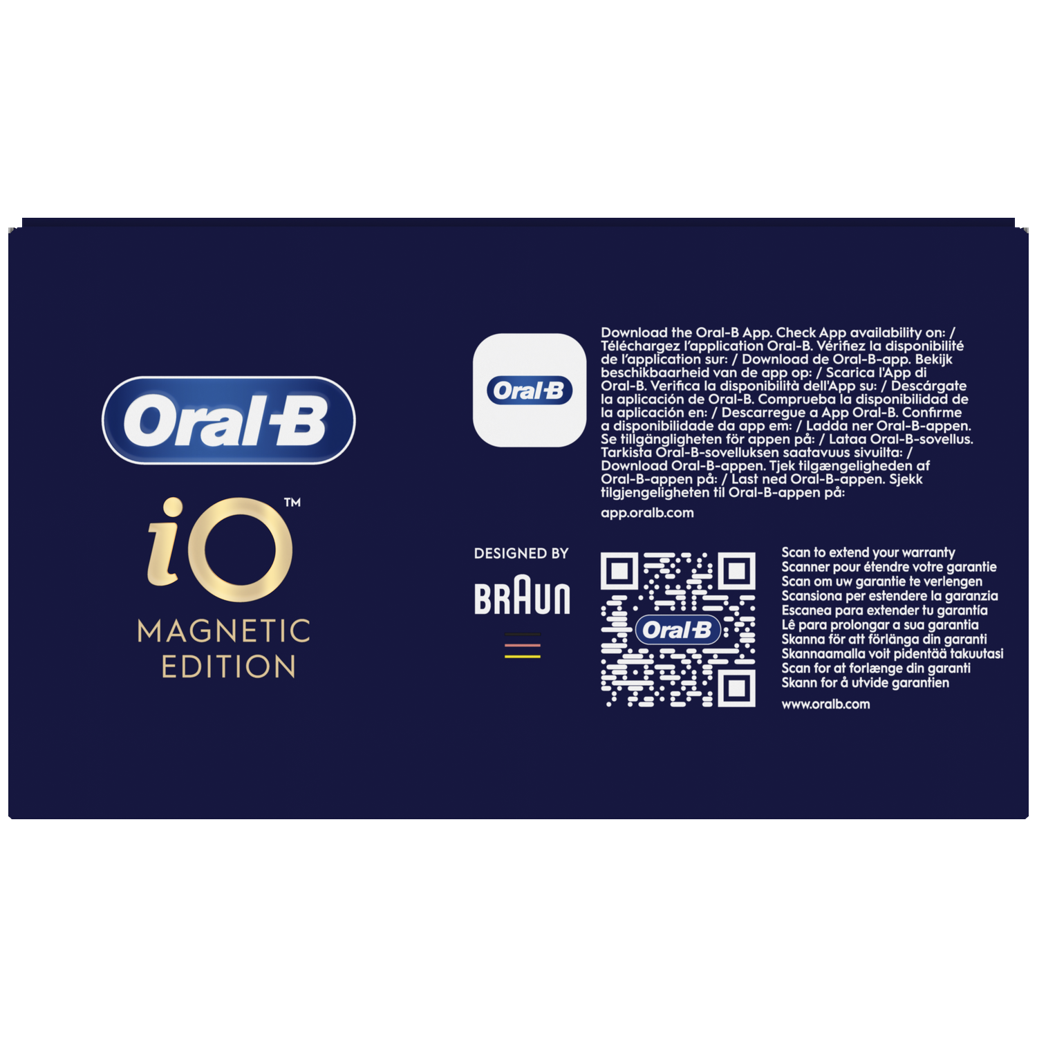Oral-B iO Magnetic Edition logo with QR code and warranty info.