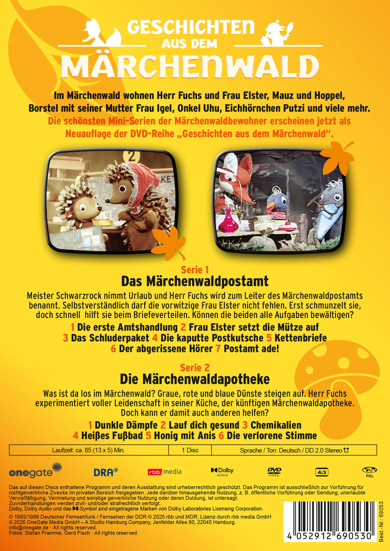 DVD-Cover mit Märchenwald-Titeln, Episoden und Bildern von Fuchsen und Igeln.