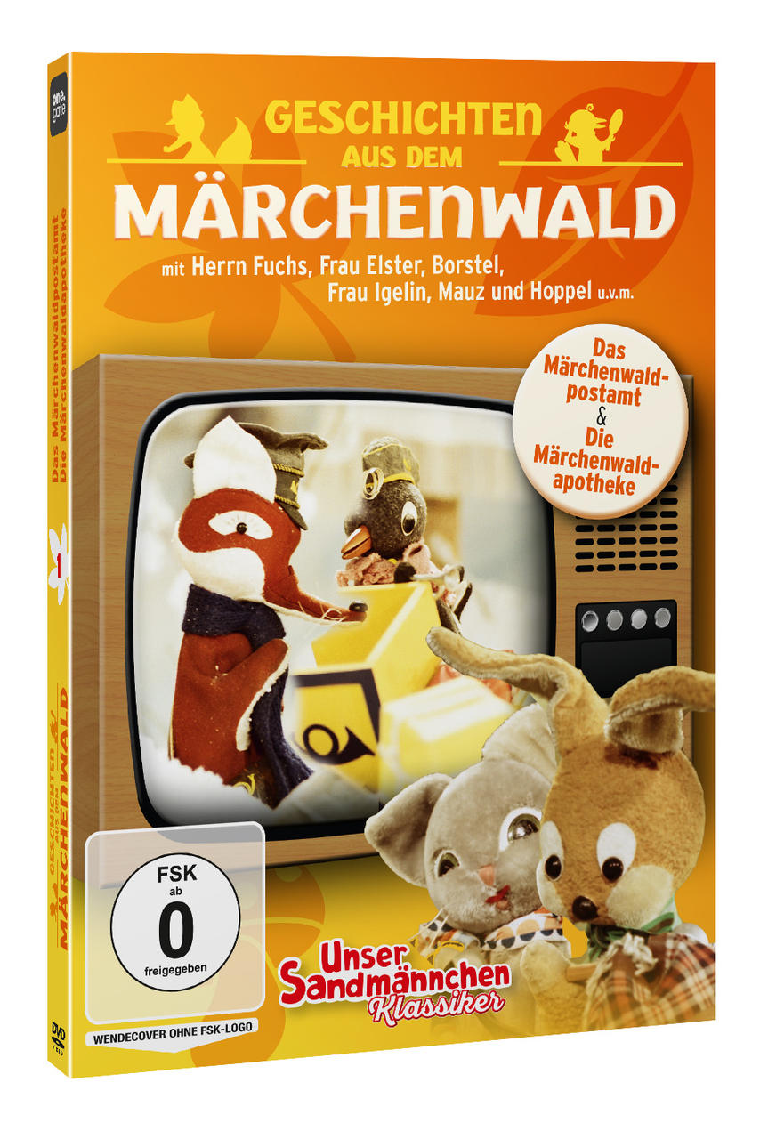 DVD-Cover: Märchenwald-Geschichten mit Fuchs, Elster, Igel & Co. Zwei Stofftiere vorn.