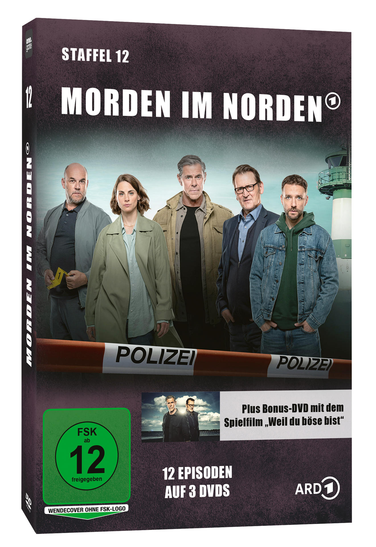 DVD-Cover Staffel 12: Fünf Personen stehen vor Polizeiband. Ein Leuchtturm im Hintergrund.
