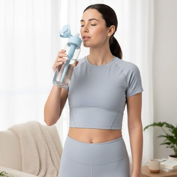 Kobieta pije z niebieskiej butelki z wodą w jasnym pomieszczeniu.