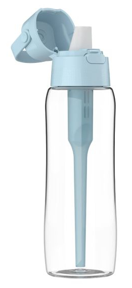 Przezroczysta butelka z jasnoniebieską pokrywką i słomką.