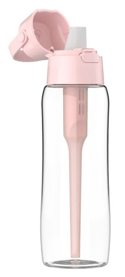 Przezroczysta butelka na wodę z różową pokrywką, słomką i filtrem.