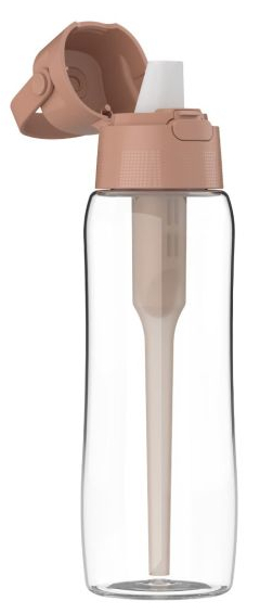 Przezroczysta butelka na napoje z różową pokrywką i słomką.