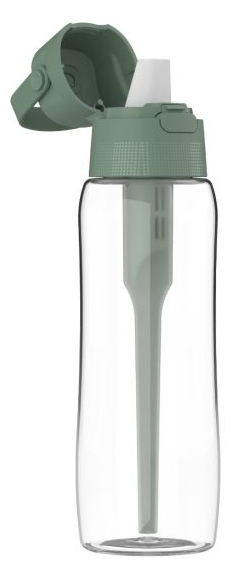 Przezroczysta butelka z zieloną pokrywką i słomką.