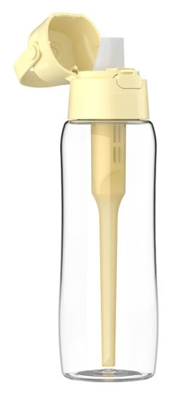 Przezroczysta butelka z żółtą pokrywką i słomką.