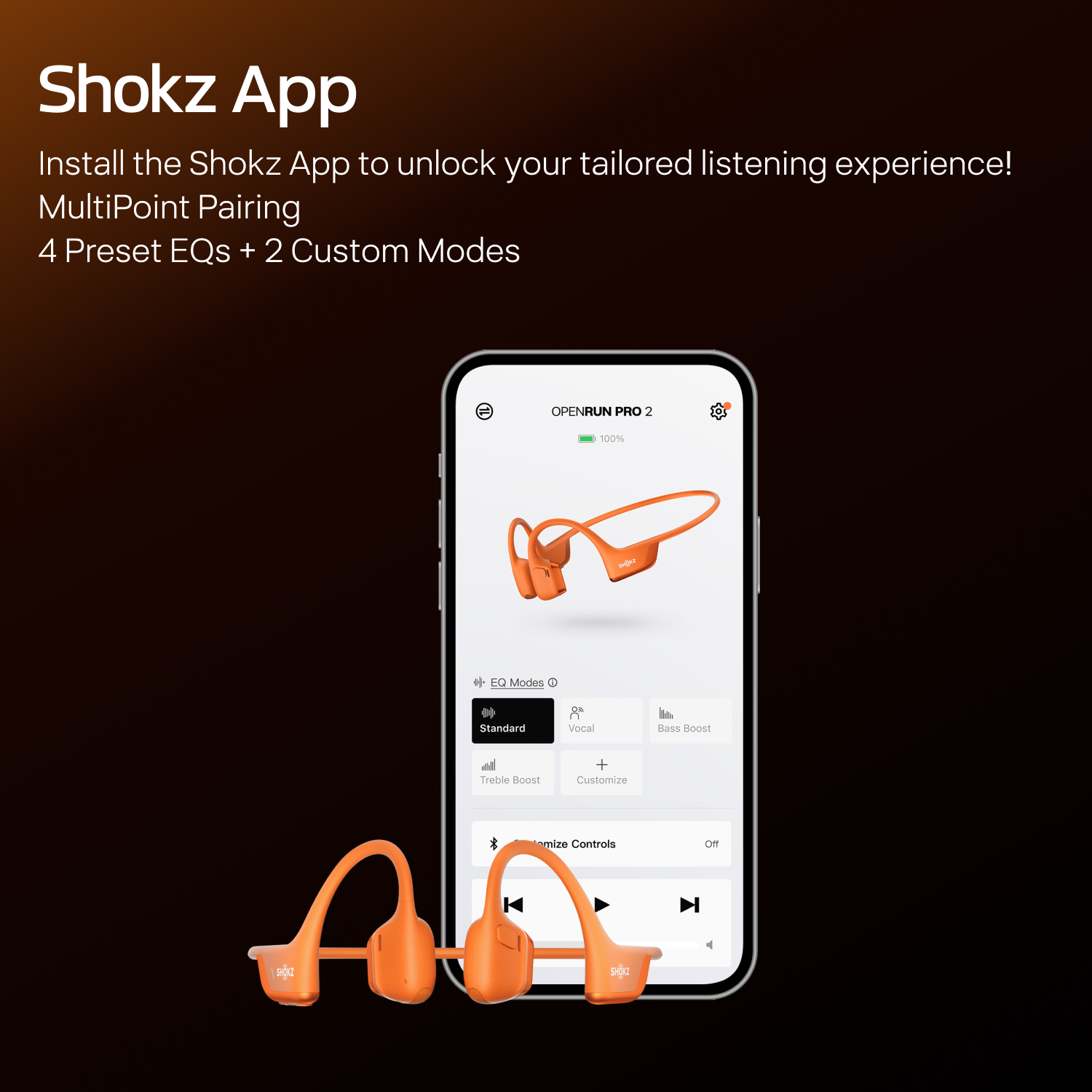 Narancssárga Shokz fejhallgató és applikáció interfész okostelefonon.