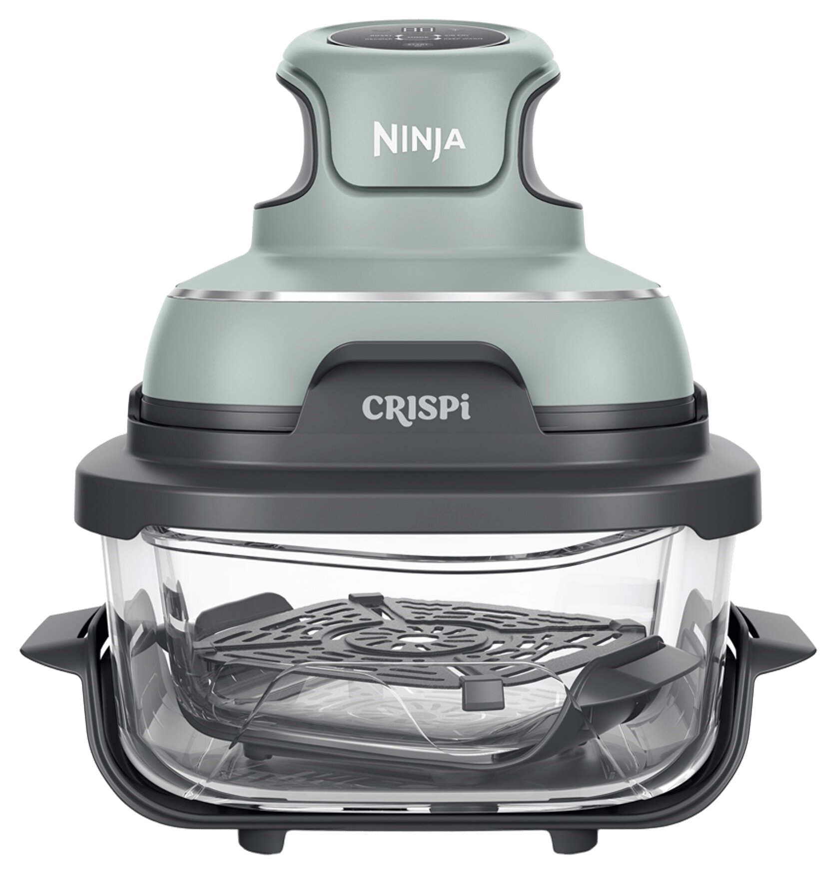 Szara pokrywa frytkownicy beztłuszczowej Ninja Crispi ze szklanym naczyniem i rusztem.