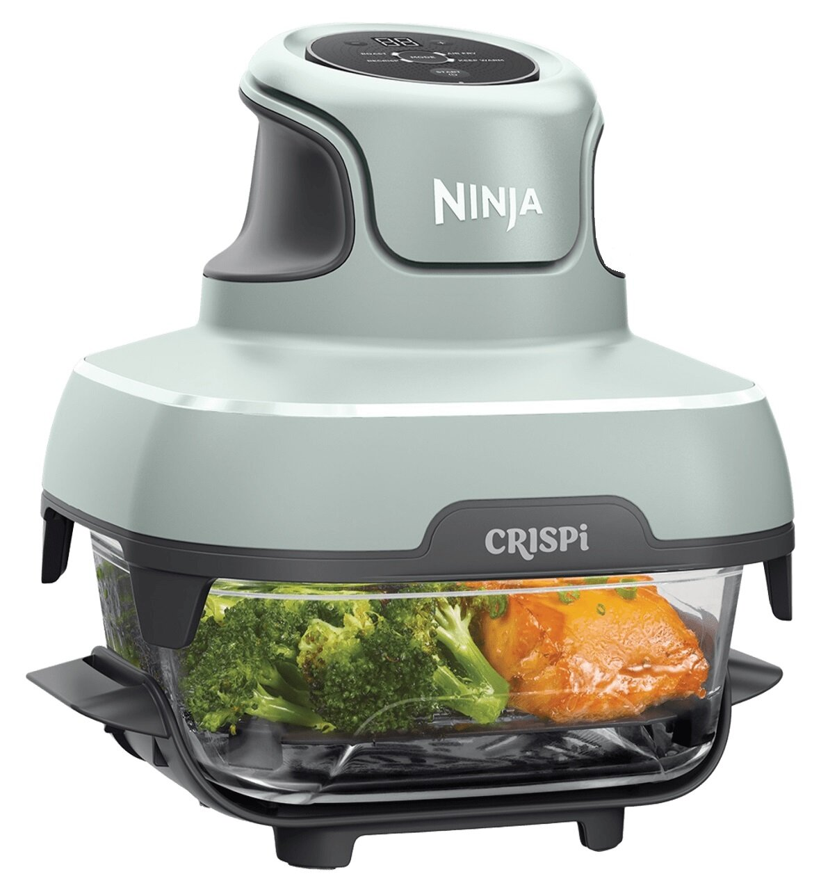 Szary Ninja Crispi z brokułami i kurczakiem w szklanym pojemniku.