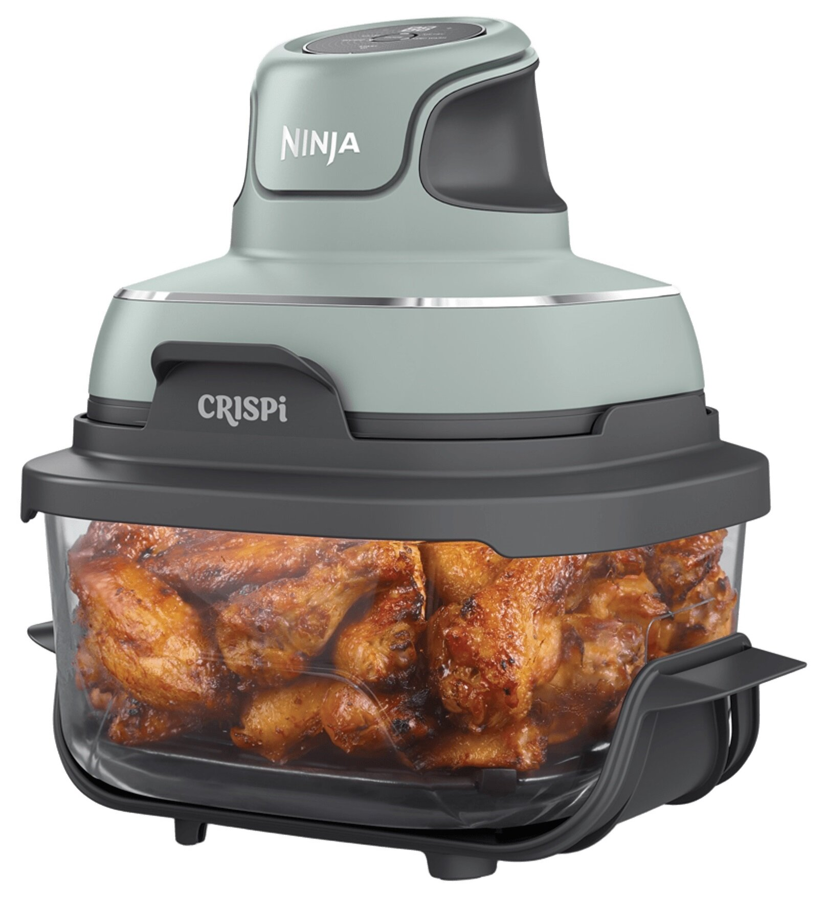Szary kosz frytkownicy beztłuszczowej Ninja Crispi z zlotymi skrzydełkami kurczaka.