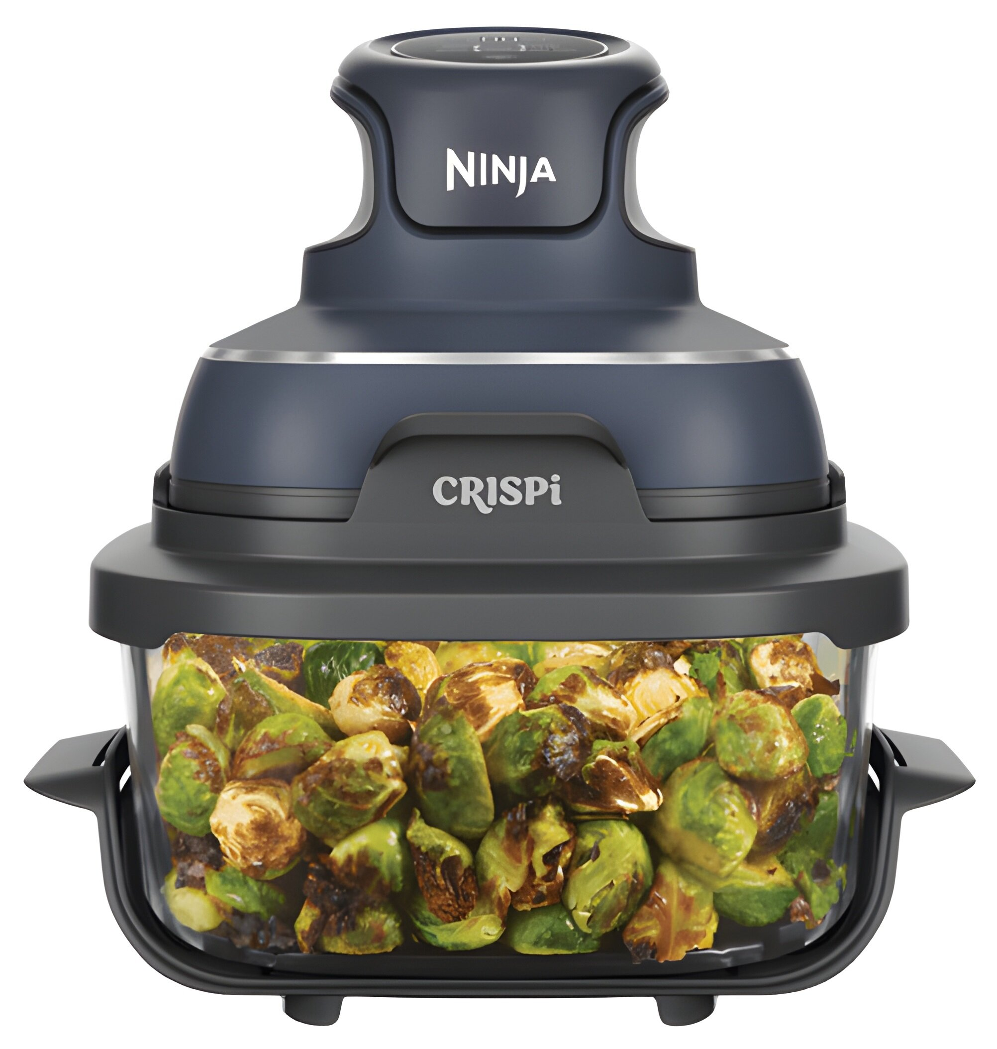 Frytkownica Ninja Crispi z pieczonymi brukselkami w szklanym pojemniku.