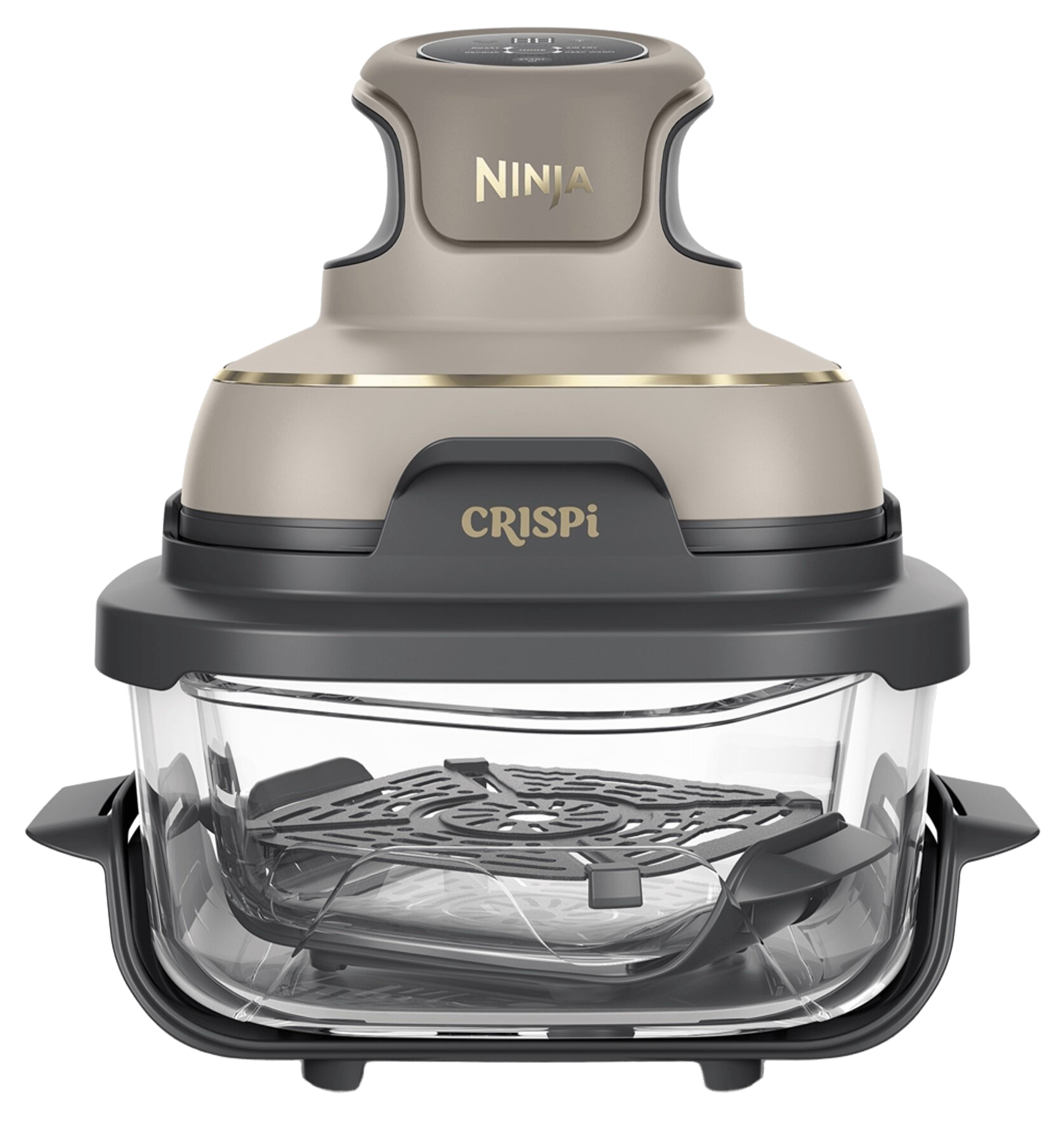 Srebrna frytkownica beztłuszczowa Ninja Crispi ze szklanym naczyniem i rusztem.
