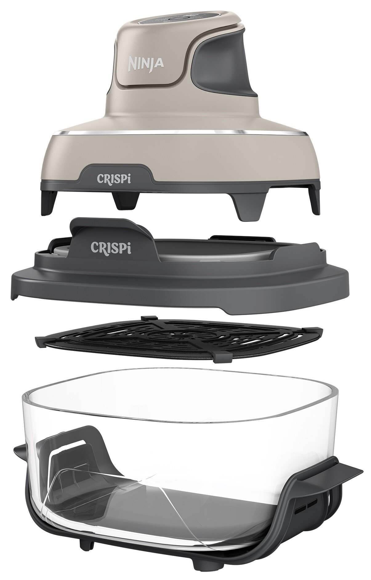 Rozłożony frytkownica beztłuszczowa z beżową obudową, czarnym wkładem i szklaną misą.