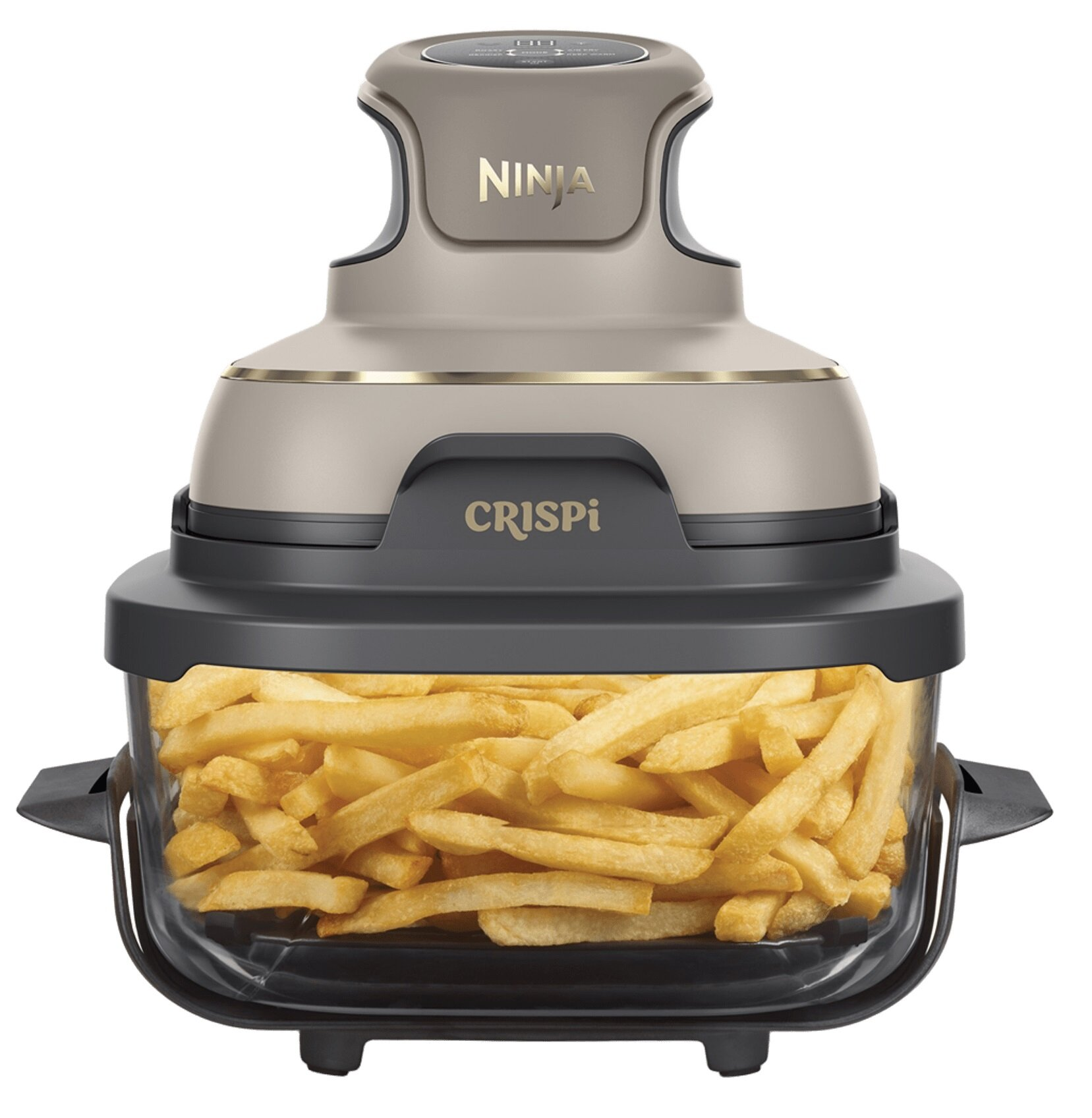 Frytkownica Ninja Crispi ze szklanym koszem pełnym złotych frytek.