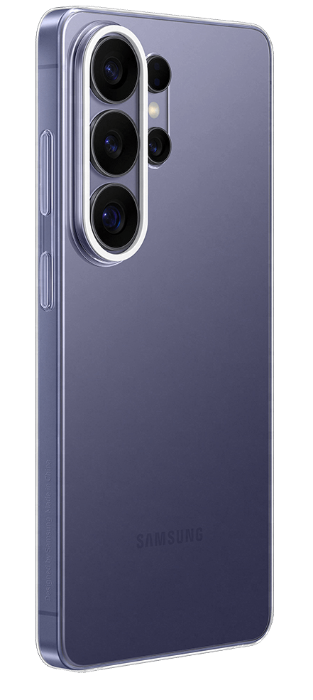 Parte trasera de un smartphone Samsung morado con cámaras y el logo de Samsung.