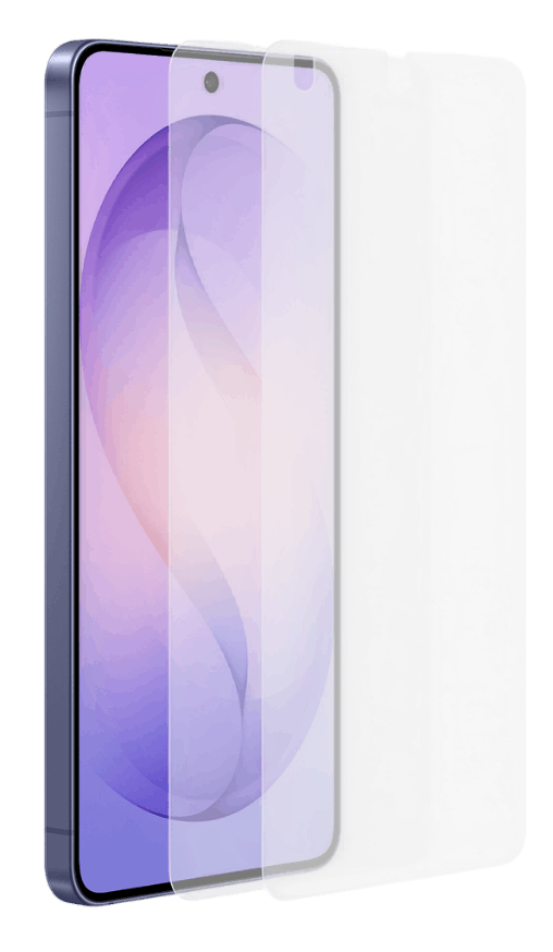 Un marco de smartphone azul oscuro con protector de pantalla transparente.
