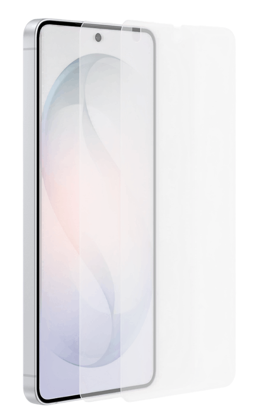 Un smartphone con marco plateado y protector de pantalla.