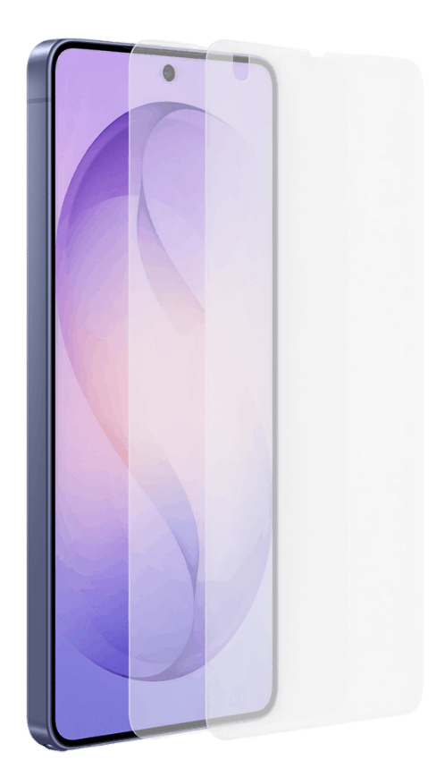 Un teléfono inteligente con borde azul, cubierto por un protector de pantalla.