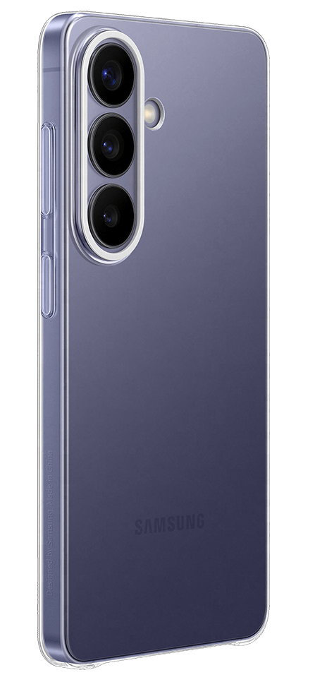 Teléfono inteligente morado con tres cámaras y flash, logo de Samsung atrás.