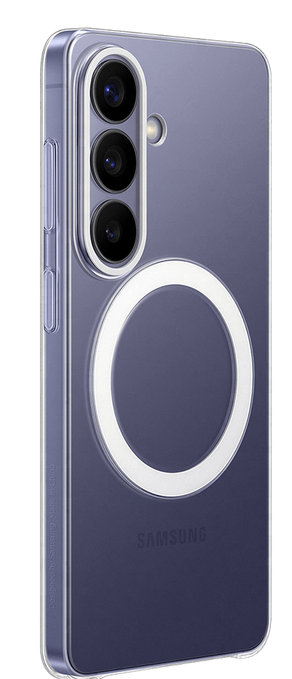 Teléfono morado con funda transparente, cámaras y anillo magnético.
