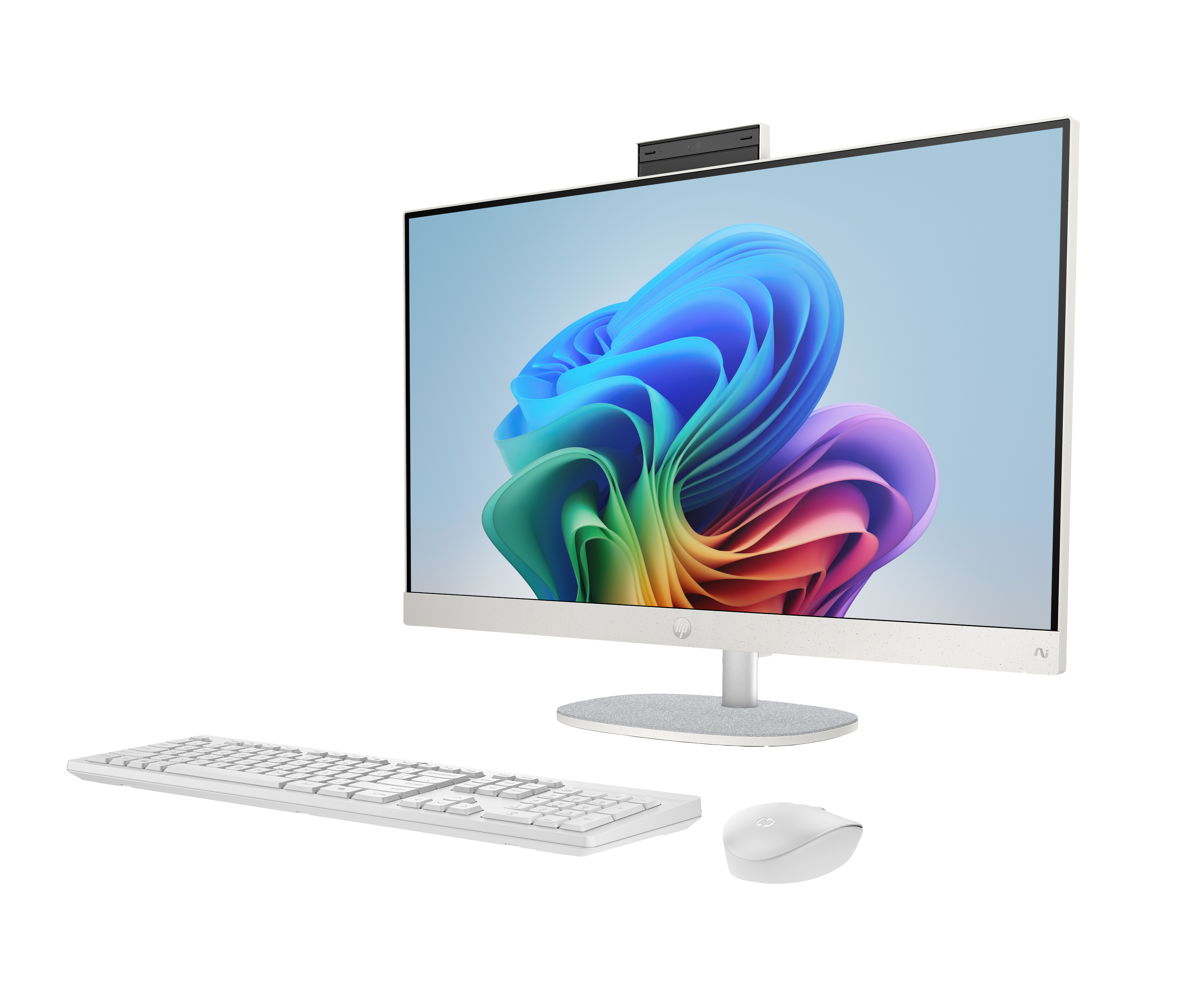 Biały komputer typu all-in-one z klawiaturą i myszką.