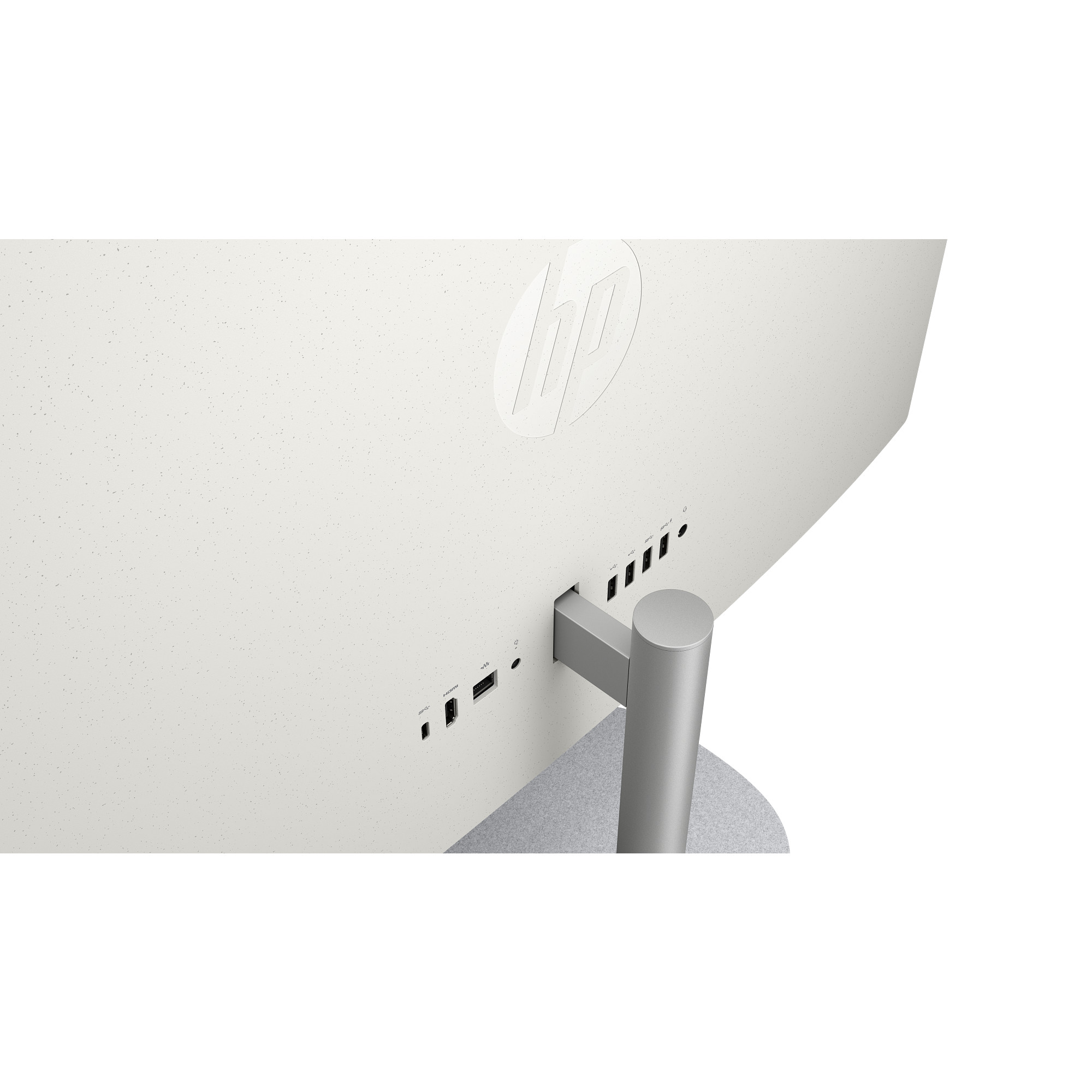 Biały tył monitora z logo HP i portami. Srebrny stojak.