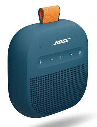 Niebieski głośnik Bose z pomarańczową pętelką na górze.