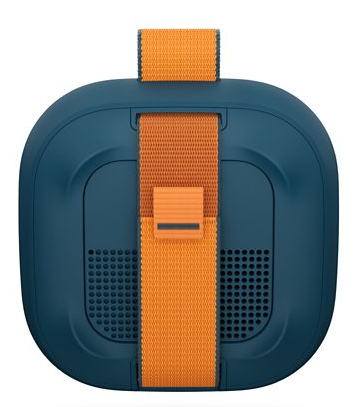 Ciemnoniebieskie urządzenie z pomarańczowym paskiem i maskownicami głośników.