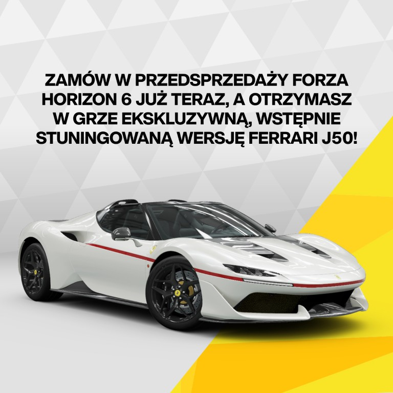 Biały Ferrari J50 z czerwonymi akcentami na żółto-białym tle.