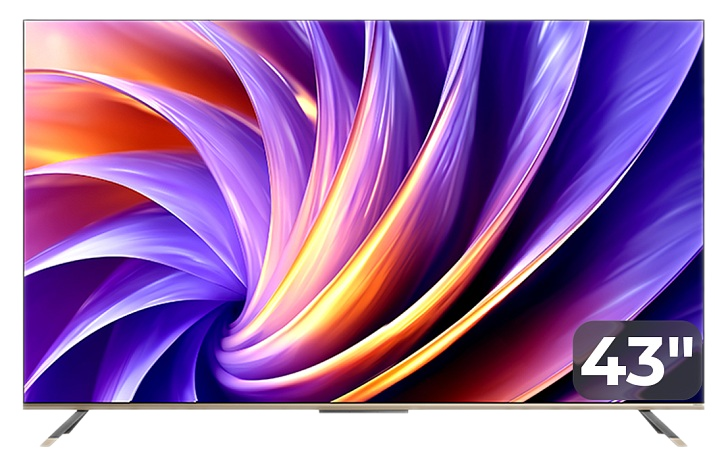 Telewizor 43-calowy wyświetlający żywy, wirujący wzór w odcieniach fioletu, pomarańczy i złota.