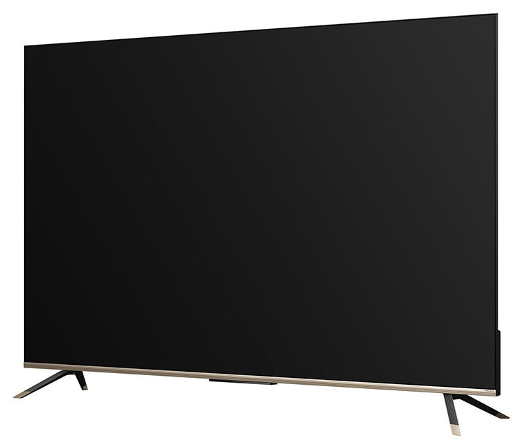 Duży czarny telewizor z wąskimi metalowymi nogami.