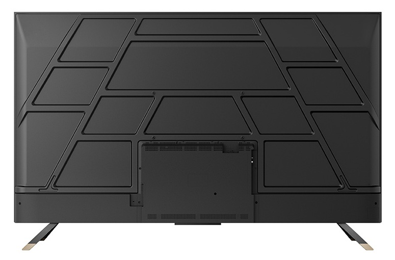 Tył czarnego telewizora z geometrycznym wzorem i portami.