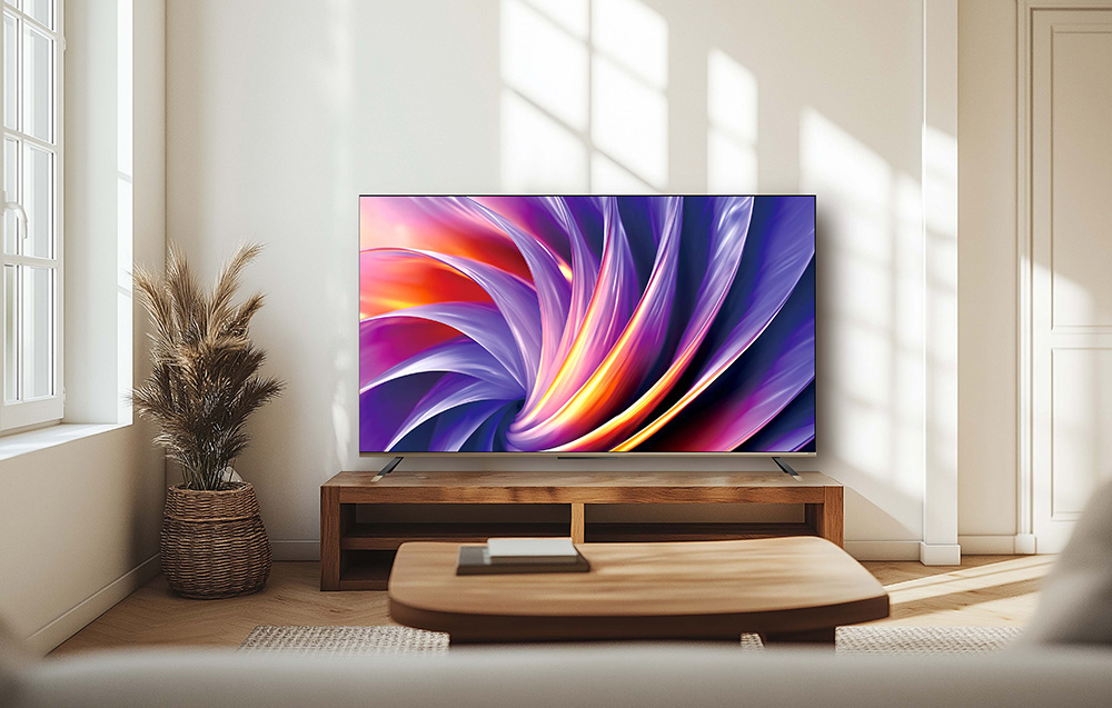 Nowoczesny telewizor z żywym obrazem na drewnianym stojaku.