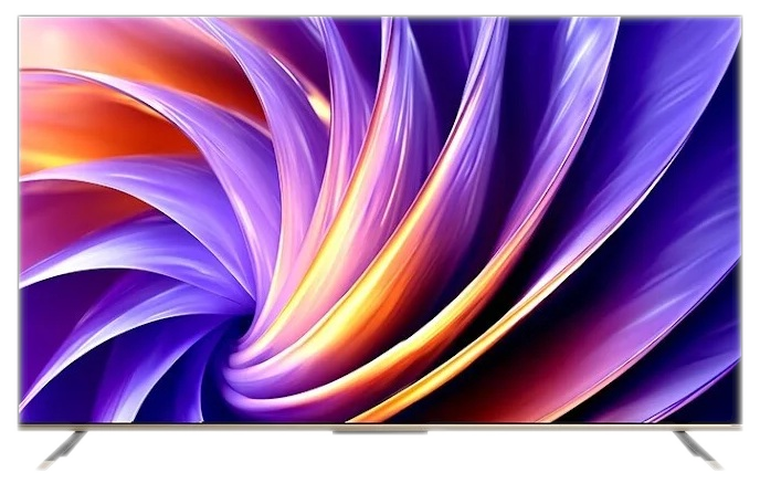 Nowoczesny telewizor wyświetlający abstrakcyjny, wirujący wzór w kolorach fioletowym, pomarańczowym i żółtym.