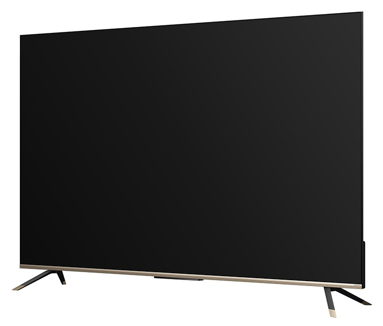 Duży, czarny telewizor z srebrnymi nóżkami na białym tle.