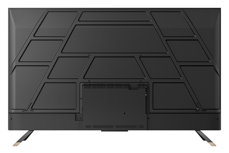 Tył czarnego telewizora z geometrycznymi wzorami i otworami wentylacyjnymi.