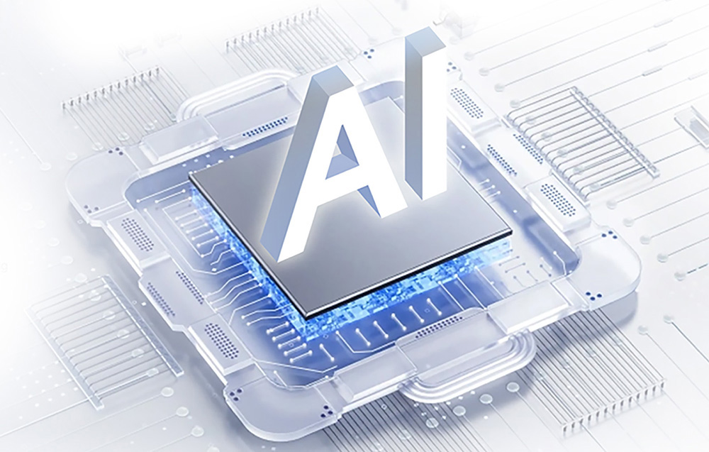 Renderowanie 3D liter AI na przezroczystym chipie komputerowym z niebieskim podświetleniem.