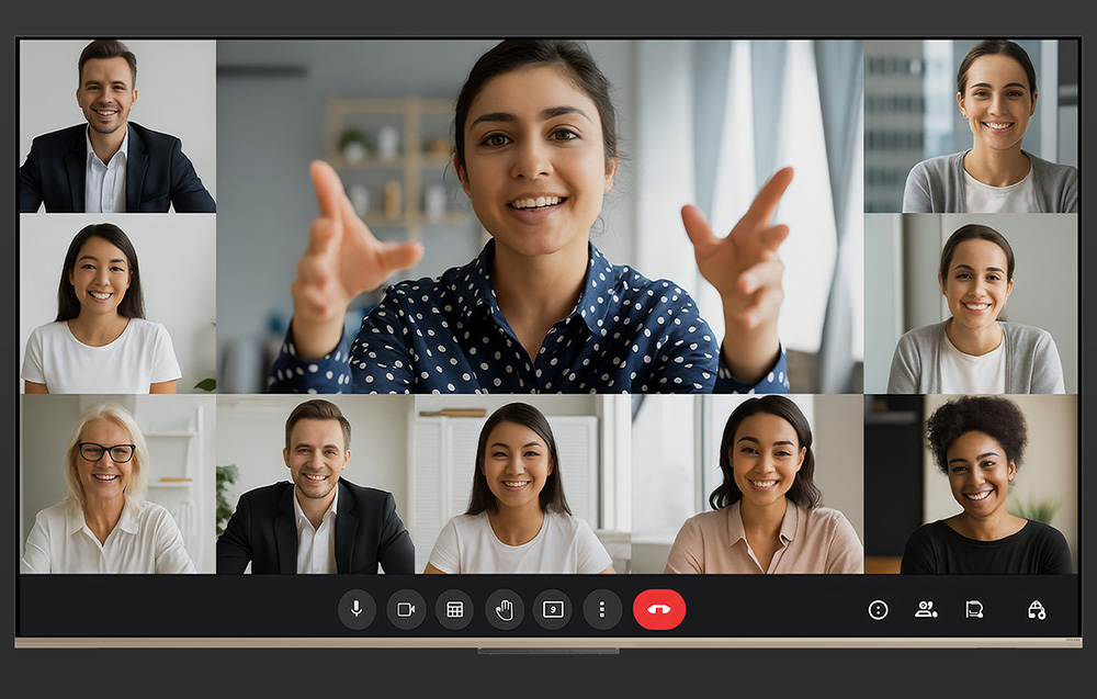 Wideorozmowa z ośmioma uśmiechniętymi osobami w osobnych oknach.