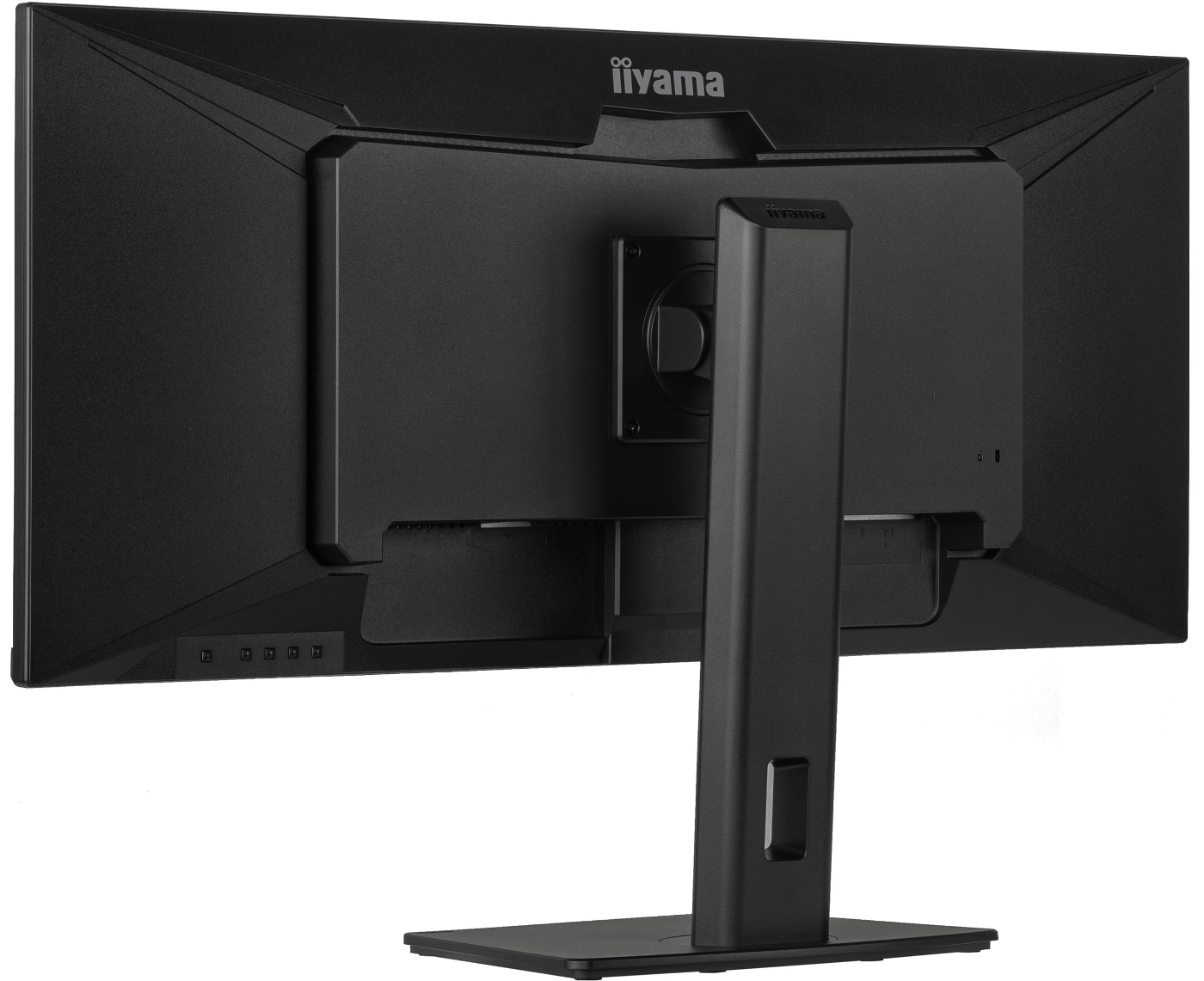 Rückseite eines schwarzen Monitors mit Ständer. Iiyama-Logo oben.