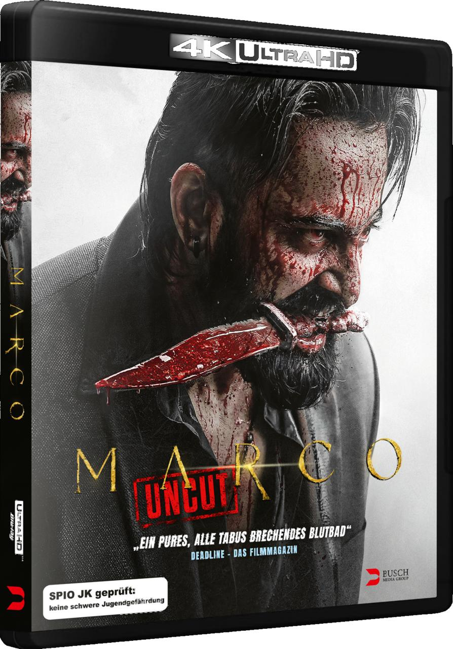 Mann mit blutverschmiertem Gesicht hält Messer im Mund. "MARCO UNCUT" Logo.