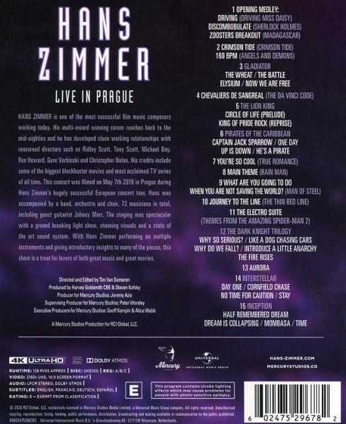 Titelliste des Hans Zimmer Konzerts in Prag mit Albumdetails.